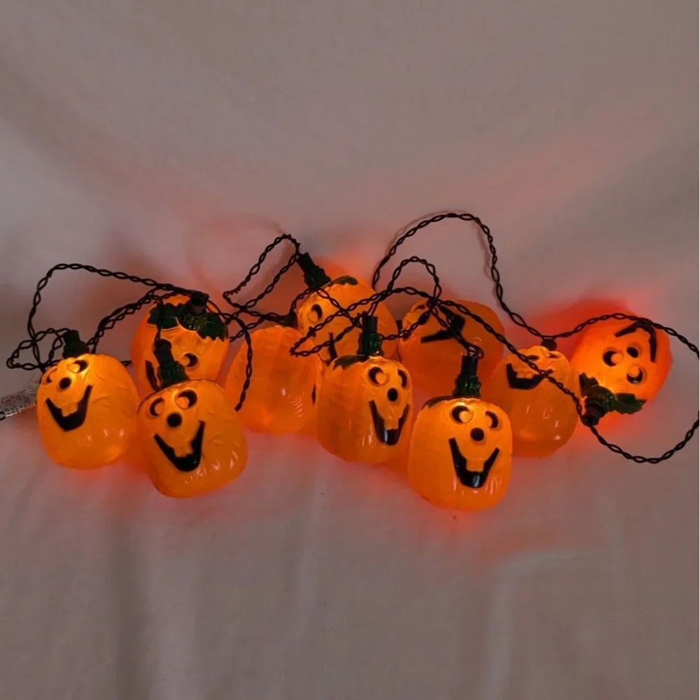 Vtg Halloween Blow Mold Pumpkin Jack O Lantern Indoor Light String Tested